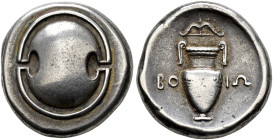 BOEOTIA. 
BOEOTIAN LEAGUE. Stater, struck in Thebes, about 395-387. AR 11.91 g. Boeotian shield Rev. BO - IΩ Two-handled Krater, above drawn bow with...
