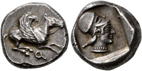 CORINTHIA. 
CORINTH. Stater, about 490-480. AR 8.66 g. Bridled pegasus with curved wings flying r. Rev. In an incuse square, head of Athena Chaliniti...