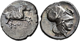 CORINTHIA. 
CORINTH. Stater, about 380-350. AR 8.40 g. Pegasus flying r. Rev. Head of Athena r., wearing Corinthian helmet with large neck guard; beh...