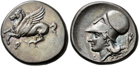 CORINTHIA. 
CORINTH. Stater, about 345-307. AR 8.36 g. Pegasus flying l. Rev. Head of Athena l., wearing Corinthian helmet with large neck guard; bel...