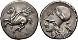 CORINTHIA. 
CORINTH. Stater, about 345-307. AR 8.58 g. Pegasus flying l. Rev. Head of Athena l., wearing laureate Corinthian helmet with large neck g...