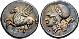 CORINTHIA. 
CORINTH. Stater, about 345-307. AR 8.52 g. Pegasus flying l. Rev. Head of Athena l., wearing laureate Corinthian helmet with large neck g...