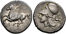 CORINTHIA. 
CORINTH. Stater, about 345-307. AR 8.61 g. Pegasus flying l. Rev. Head of Athena l., wearing laureate Corinthian helmet with large neck g...