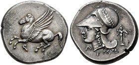 CORINTHIA. 
CORINTH. Stater, about 345-307. AR 8.54 g. Pegasus flying l. Rev. Head of Athena l., wearing laureate Corinthian helmet with large neck g...