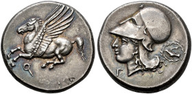 CORINTHIA. 
CORINTH. Stater, about 345-307. AR 8.51 g. Pegasus flying l. Rev. Head of Athena l., wearing Corinthian helmet with large neck guard; bel...