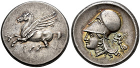 CORINTHIA. 
CORINTH. Stater, about 345-307. AR 8.60 g. Pegasus flying l. Rev. Head of Athena l., wearing Corinthian helmet with large neck guard; bel...