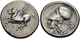 CORINTHIA. 
CORINTH. Stater, about 345-307. AR 8.50 g. Pegasus flying l. Rev. Head of Athena l., wearing Corinthian helmet with large neck guard; bel...