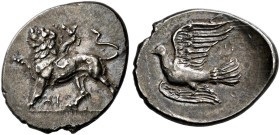 SIKYONIA. 
SICYON. Triobol, about 330-280. AR 2.83 g. Chimaera standing l., r. forepaw raised, composed of a body of a lion, forepart of a goat emerg...