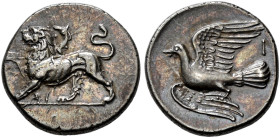 SIKYONIA. 
SICYON. Triobol, about 330-280. AR 2.87 g. Chimaera standing l., r. forepaw raised, composed of a body of a lion, forepart of a goat emerg...