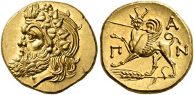 CIMMERIAN BOSPOROS. 
PANTIKAPAION. Stater, gold, about 340-325. AV 9.12 g. Bearded head of Pan with animal's ear l., wearing ivy wreath. Rev. Π - A -...