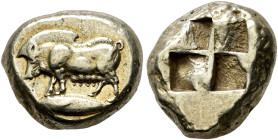 MYSIA. 
CYZICUS. Stater, electrum, about 520-490. EL 16.07 g. Wild sow standing l. on tunny. Rev. Quadripartite incuse square. Von Fritze I, 5, 45 an...