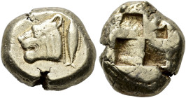 MYSIA. 
CYZICUS. Stater, electrum, about 500-450. EL 16.07 g. Head of a lioness (or panther ?) l., behind, tunny upwards. Rev. Quadripartite incuse s...