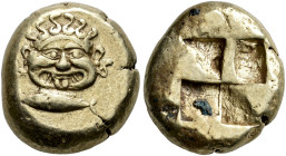 MYSIA. 
CYZICUS. Stater, electrum, about 500-450. EL 16.07 g. Facing Gorgoneion with tongue protruding, in the hair six coiled serpents erect; below,...