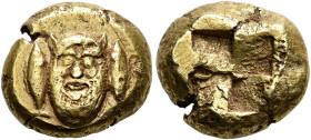 MYSIA. 
CYZICUS. Stater, electrum, about 540-500. El 15.89 g. Between two tunnys, facing, bearded head of Silenos with animal's ears. Rev. Quadripart...