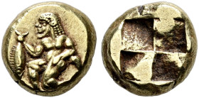 MYSIA. 
CYZICUS. Hecte, electrum, about 520-480. El 2.67 g. Bearded Silenos, long pearled hair falling down neck, running l. ("Knielauf"), holding wi...