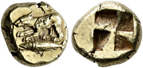 MYSIA. 
CYZICUS. Hecte, electrum, about 500-450. El. 2.65 g. Panther jumping l. on a tunny. Rev. Quadripartite incuse square. Boston 193, 1470; SNG B...