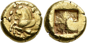 MYSIA. 
LAMPSAKOS. Stater, electrum, about 480-460. EL 15.29 g. Forepart of bridled Pegasos flying l. within a wreath of a wine tendril with bunches ...