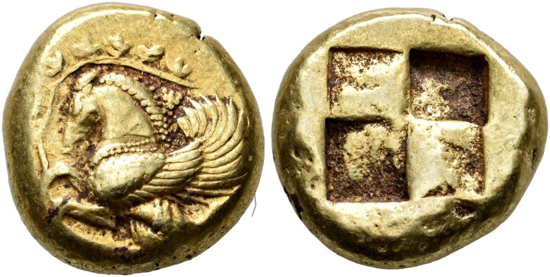 MYSIA. 
LAMPSAKOS. Stater, electrum, about 480-460. EL 15.23 g. Forepart of bri...