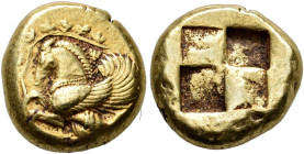 MYSIA. 
LAMPSAKOS. Stater, electrum, about 480-460. EL 15.23 g. Forepart of bridled Pegasos flying l. within a wreath of a wine tendril with bunches ...