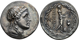 AEOLIS. 
MYRINA. Tetradrachm, about 160-140. AR 16.93 g. Laureate head of Apollo r. Rev. MYPINAIΩN Apollo, wearing himation, nude to waist standing r...