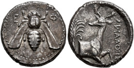 IONIA. 
EPHESOS. Tetradrachm, about 390-380. AR 14.78 g. E - Φ Bee. Rev. Forepart of stag kneeling r., head turned l. towards palm tree; in front, na...