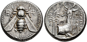 IONIA. 
EPHESOS. Tetradrachm, about 390-380. AR 15.37 g. E - Φ Bee. Rev. Forepart of stag reclining r., head turned l., behind, palm tree; in field r...