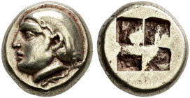 IONIA. 
PHOKAIA. Hecte, electrum, about 370-365. EL 2.55 g. Female head to l. wearing sakkos; below, seal. Rev. Quadripartite incuse square. Bodenste...