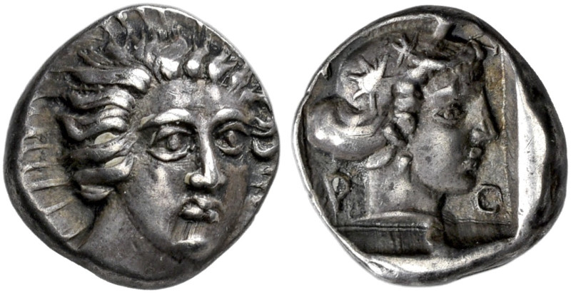 ISLANDS OFF CARIA. 
RHODOS. Hemidrachm, about 408-405. AR 1.87 g. Three-quarter...