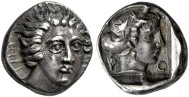 ISLANDS OFF CARIA. 
RHODOS. Hemidrachm, about 408-405. AR 1.87 g. Three-quarter facing head of Helios r. Rev. P - O - Δ- I Head of nymph Rhodos r., w...