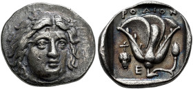 ISLANDS OFF CARIA. 
RHODOS. Didrachm, about 340-316. AR 6.84 g. Three-quarter facing head of Helios, slightly turned r. Rev. POΔION Open rose with bu...