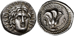ISLANDS OFF CARIA. 
RHODOS. Didrachm, about 250-230. AR 6.53 g. Radiate, facing head of Helios, slightly turned r. Rev. P - O Open rose with bud on t...