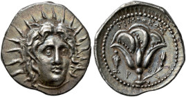 ISLANDS OFF CARIA. 
RHODOS. Didrachm, about 250-230. AR 6.69 g. Radiate, facing head of Helios, slightly turned r. Rev. P - O Open rose with bud on t...