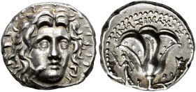 ISLANDS OFF CARIA. 
RHODOS. Didrachm, about 250-230. AR 6.73 g. Radiate, facing head of Helios, slightly turned r. Rev. P - O Open rose with bud on t...