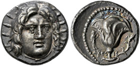 ISLANDS OFF CARIA. 
RHODOS. Didrachm, about 205-188. AR 6.52 g. Radiate, facing head of Helios, slightly turned r. Rev. POΔION Open rose with bud on ...
