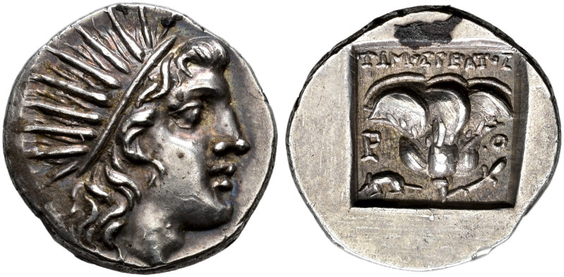 ISLANDS OFF CARIA. 
RHODOS. Plinthophoric drachm, about 150-125. AR 2.98 g. Rad...