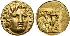 ISLANDS OFF CARIA. 
RHODOS. Plinthophoric stater, gold, about 125-100. AV 7.10 g. Radiate head of Helios facing, slightly turned r. Rev. P - O Open r...