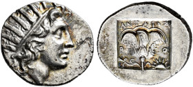 ISLANDS OFF CARIA. 
RHODOS. Plinthophoric drachm, about 125-90. AR 2.91g. Radiate head of Helios r. Rev. P-O Open rose with bud, in the lower r. edge...