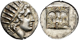 ISLANDS OFF CARIA. 
RHODOS. Plinthophoric drachm, about 125-90. AR 2.87 g. Radiate head of Helios r. Rev. P- O Open rose with bud, in the lower r. ed...