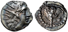 ISLANDS OFF CARIA. 
RHODOS. Diobol, about 188-84. AR 0.70 g. Radiate head of Helios r. Rev. P - O Open rose with bud l., in field r., pomegranate; ci...