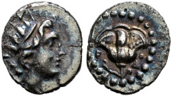 ISLANDS OFF CARIA. 
RHODOS. Diobol, about 188-84. AR 0.92 g. Radiate head of Helios r. Rev. P - O Open rose with bud l., in field r., Δ; circular dot...
