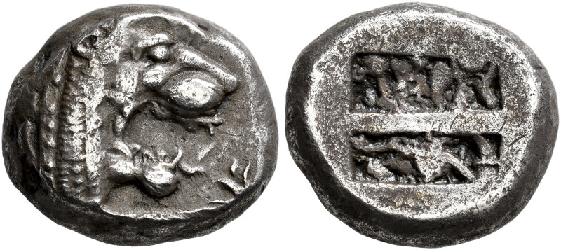 ISLANDS OFF CARIA. 
LINDOS. Stater, about 500. AR 13.37 g. Head of lion r. with...