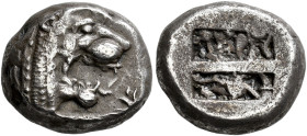 ISLANDS OFF CARIA. 
LINDOS. Stater, about 500. AR 13.37 g. Head of lion r. with open mouth, dotted truncation; in the lower r. field, lotos flower. R...