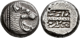 ISLANDS OFF CARIA. 
LINDOS. Stater, about 500-485. AR 13.74 g. Head of lion r. with wart and open mouth, dotted truncation. Rev. Incuse square, divid...