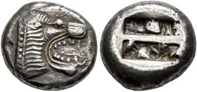 ISLANDS OFF CARIA. 
LINDOS. Stater, about 510-490. AR 13.80 g. Head of lion r. with open mouth, dotted truncation. Rev. Incuse rectangle, divided in ...