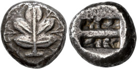 ISLANDS OFF CARIA. 
KAMEIROS. Stater, about 500-480. AR 12.17 g. Fig leaf, triple sprouts between lobes and below, l. and r. Rev. Incuse square, divi...