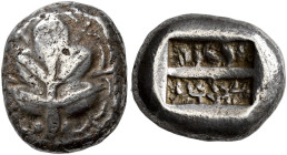 ISLANDS OFF CARIA. 
KAMEIROS. Stater, about 500-480. AR 11.88 g. Fig leaf, triple sprouts between lobes an below, l. and r.; at stalk, two pellets. R...