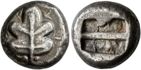 ISLANDS OFF CARIA. 
KAMEIROS. Stater, about 500-480. AR 11.95 g. Fig leaf, triple sprouts between lobes and below, l. and r.; at stalk, two pellets. ...