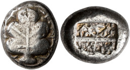 ISLANDS OFF CARIA. 
KAMEIROS. Stater, about 500-480. AR 11.96 g. Fig leaf, triple sprouts between lobes and below, Λ. and Π. Rev. Incuse square, divi...