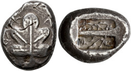 ISLANDS OFF CARIA. 
KAMEIROS. Stater, about 500-480. AR 11.05 g. Fig leaf, triple sprouts between lobes and below, Λ. and Π. Rev. Incuse square, divi...
