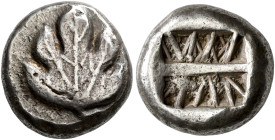 ISLANDS OFF CARIA. 
KAMEIROS. Stater, about 500-480. AR 12.15 g. Fig leaf, no sprouts. Rev. Incuse square, divided by large bar into two incuse recta...